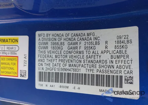 2022 Honda Civic Si from USA, damaged, VIN 2HGFE1E56NH476831